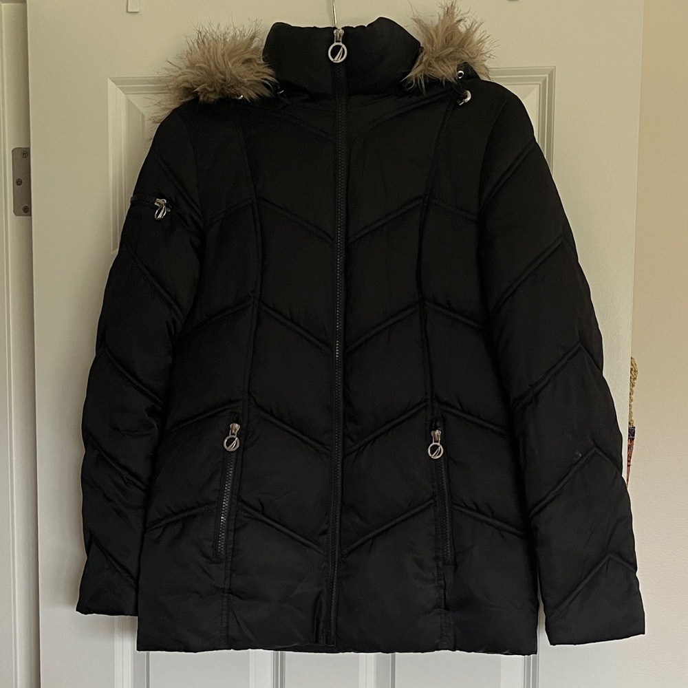 Nautica Black Puffer Jacket removable hood with Faux Fur Trim